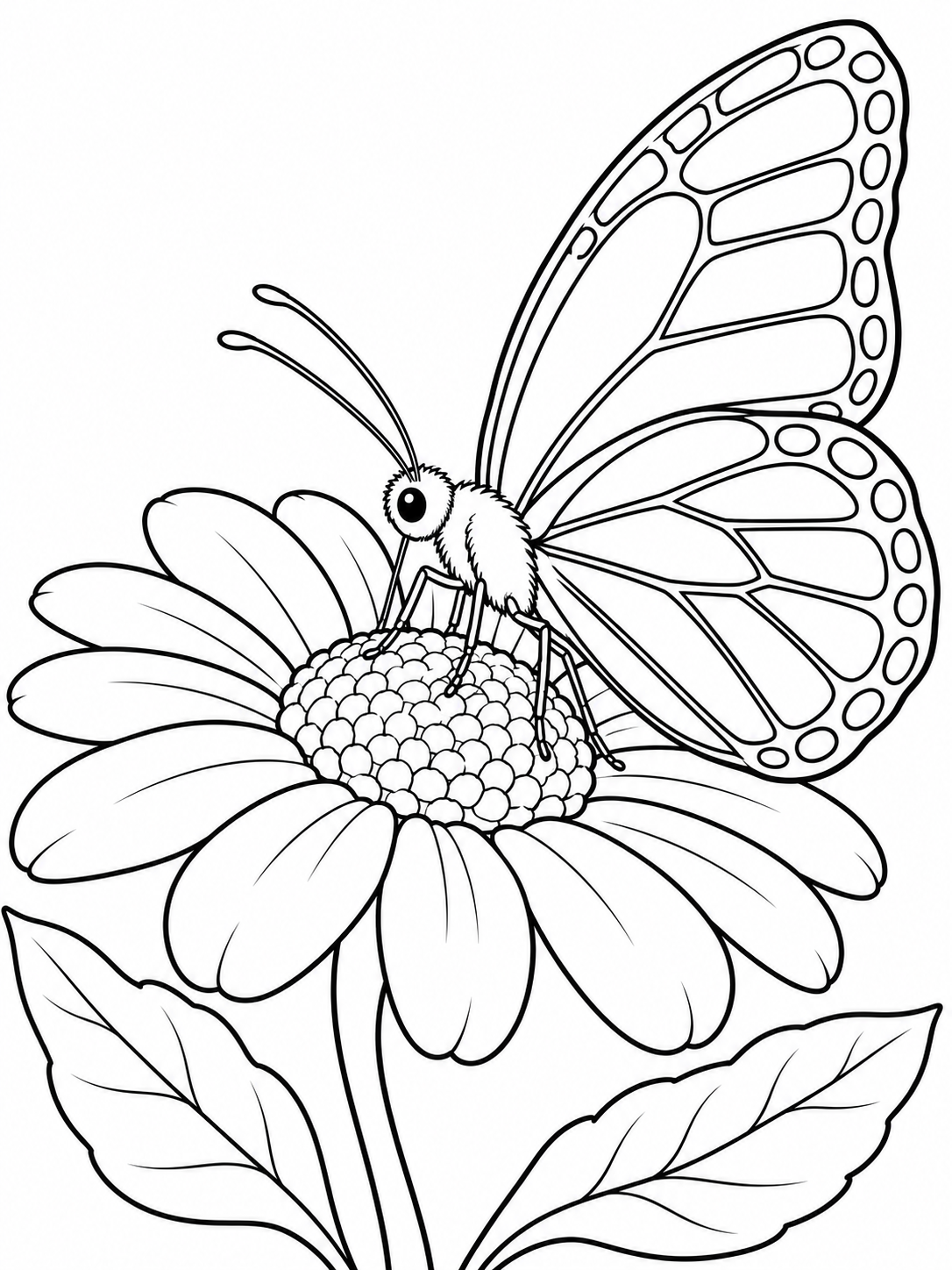 Butterfly simple coloring page - a single large daisy with two broad leaves