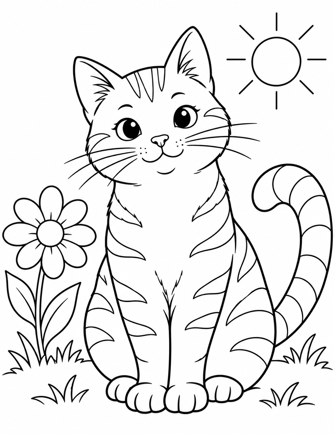 Cat simple coloring page - a sunny garden patch with one large flower