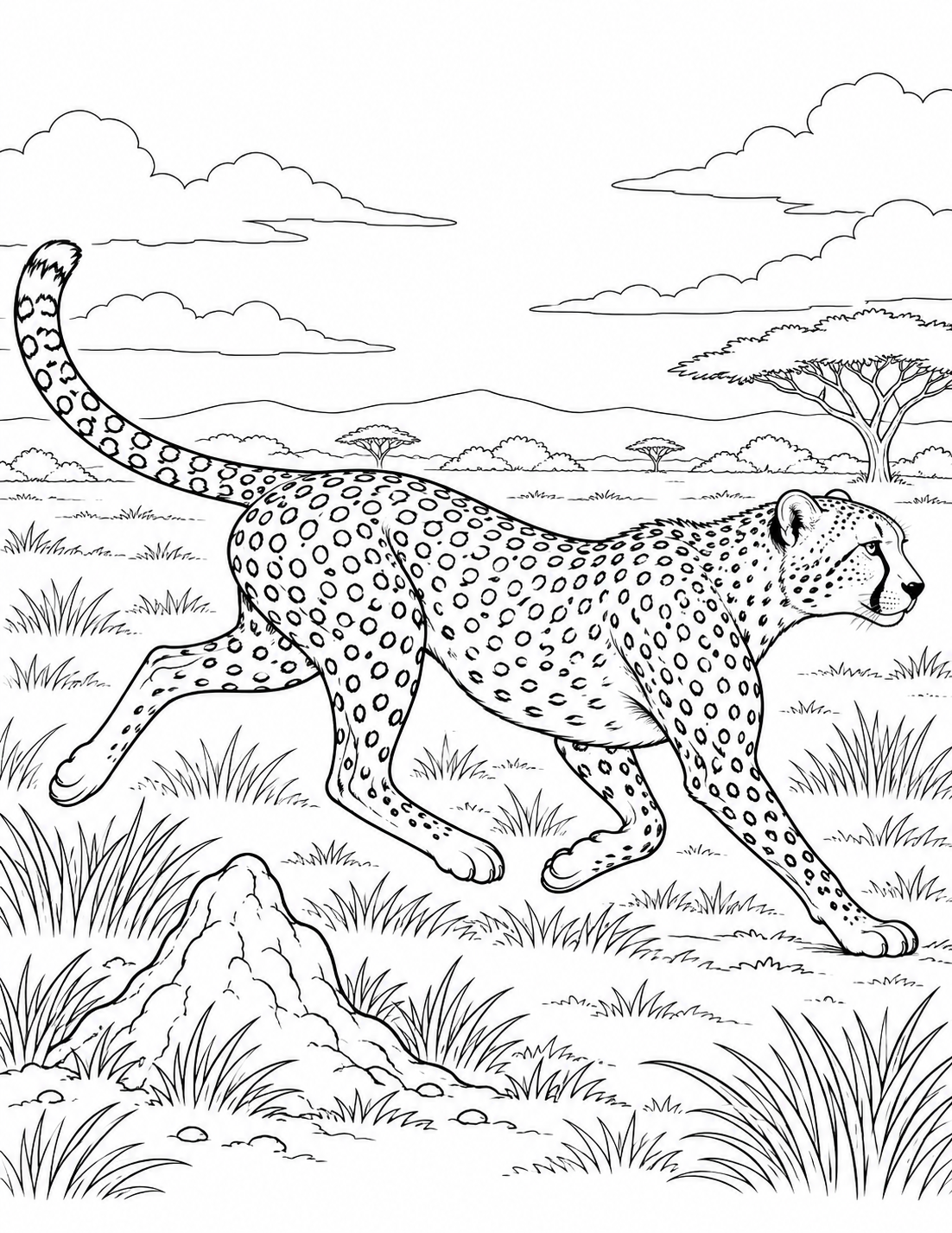 Cheetah detailed coloring page - an open grassland with a low termite mound and sparse broad grass clumps