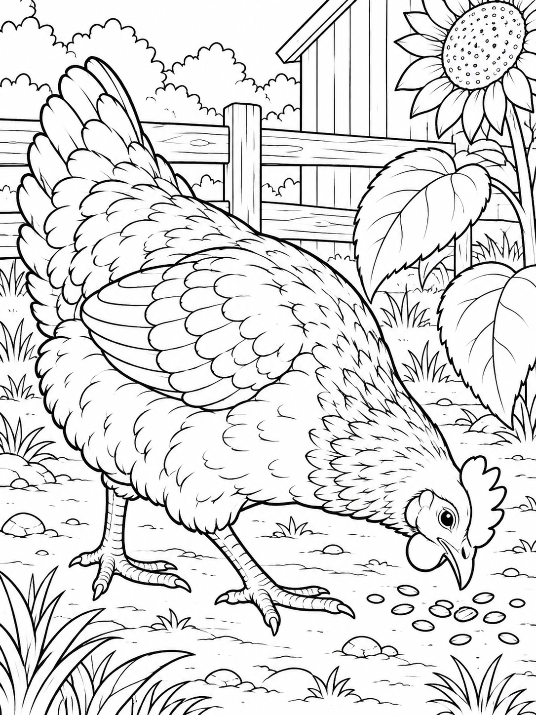 Chicken medium coloring page - a farmyard patch with a few grain shapes and a large sunflower leaf