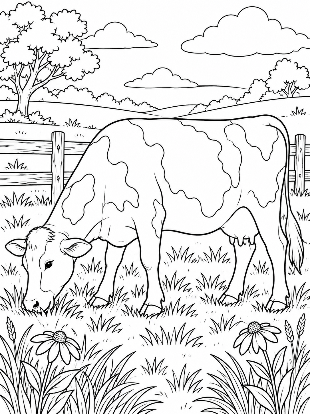 Cow medium coloring page - a meadow beside a simple fence with two broad wildflowers