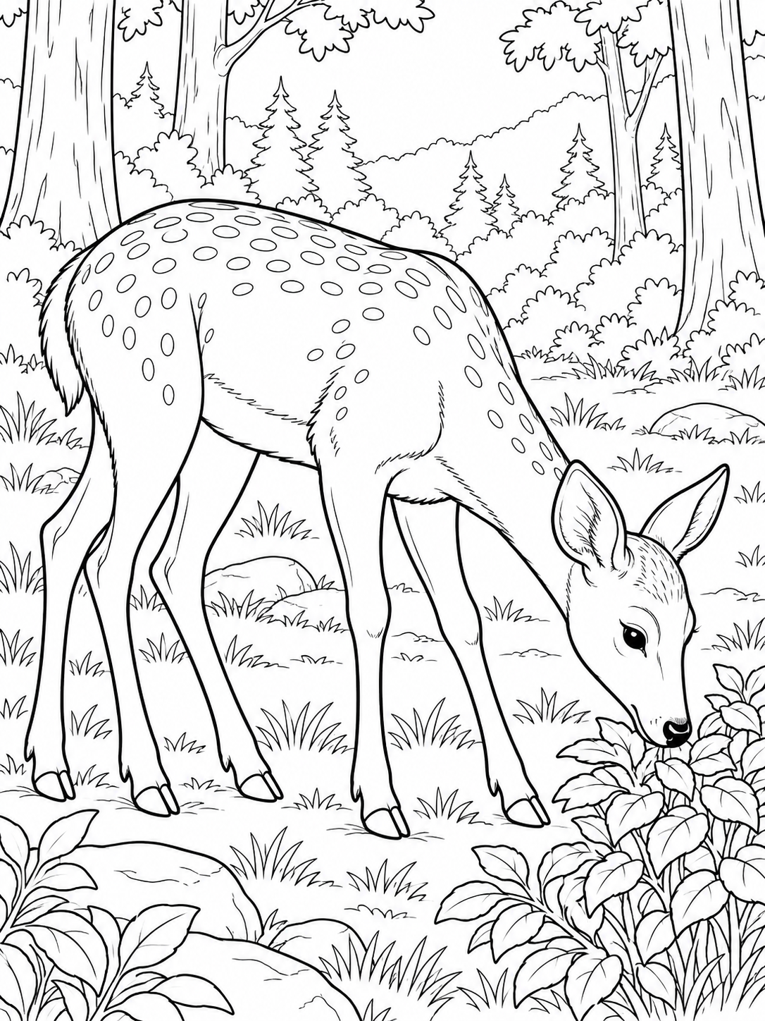 Deer medium coloring page - a forest clearing with a small bush, broad leaves, and distant tree trunks