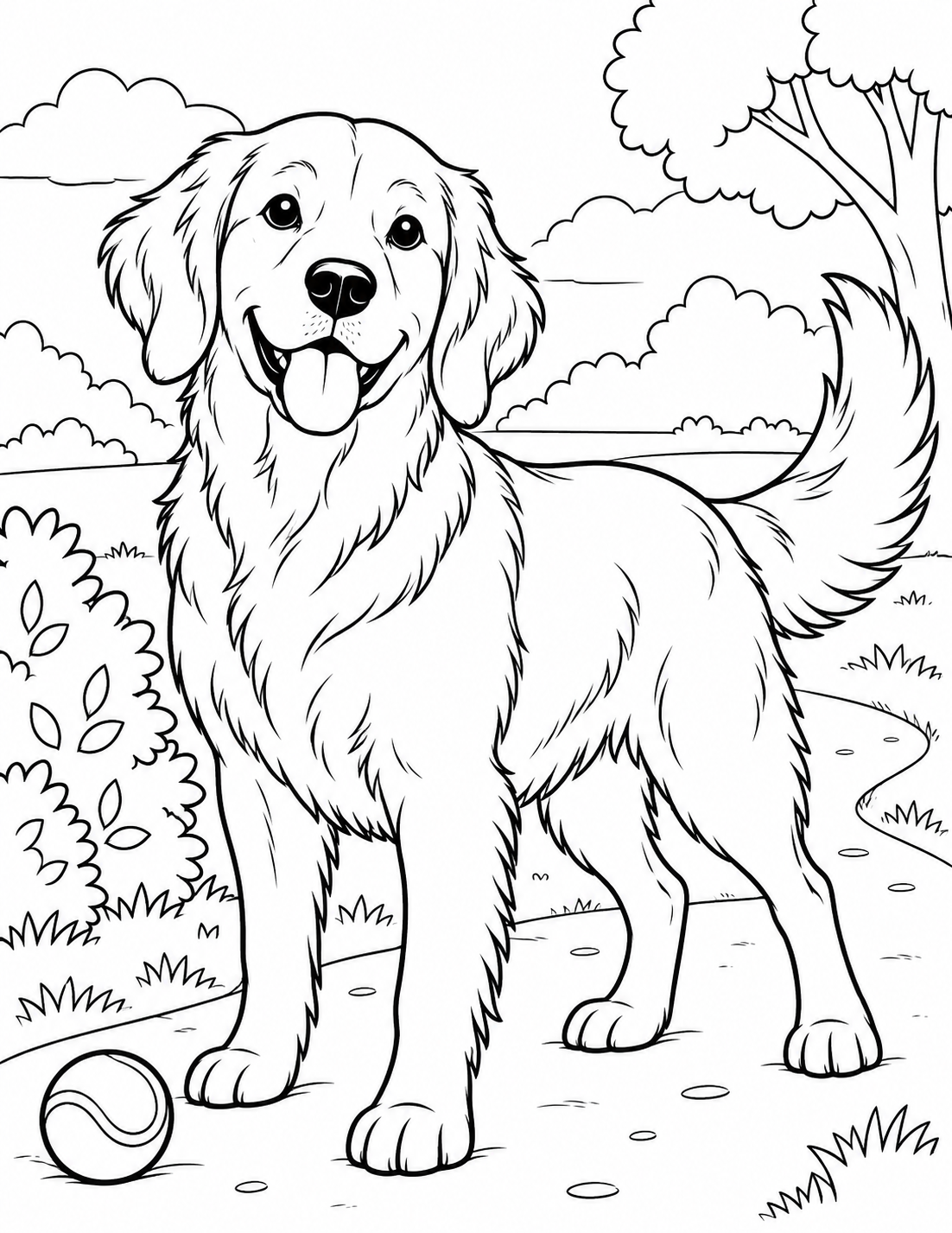Dog medium coloring page - a park path beside a low bush and a tennis ball