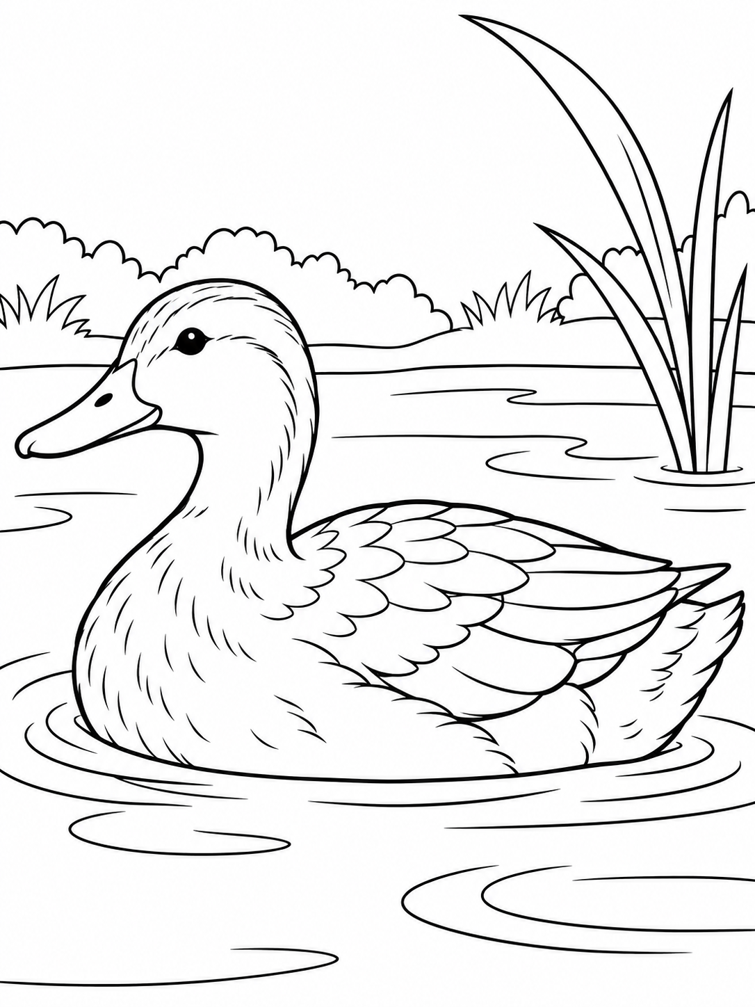 Duck simple coloring page - a small pond with two water ripples and one broad reed