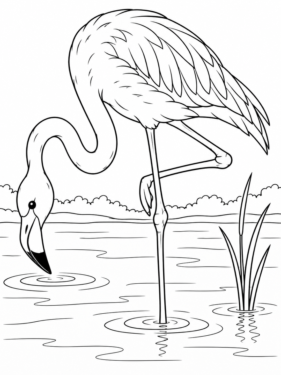 Flamingo simple coloring page - a shallow lagoon with one reed and two water ripples