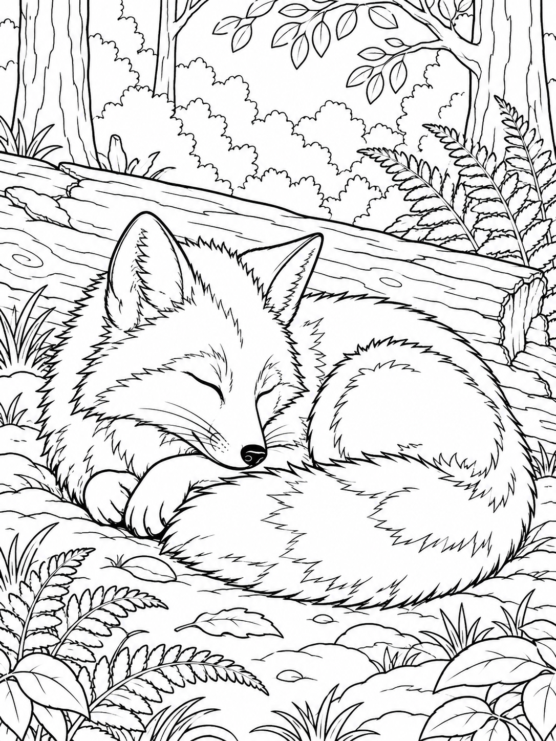 Fox medium coloring page - a woodland edge with a fallen log and a few fern fronds