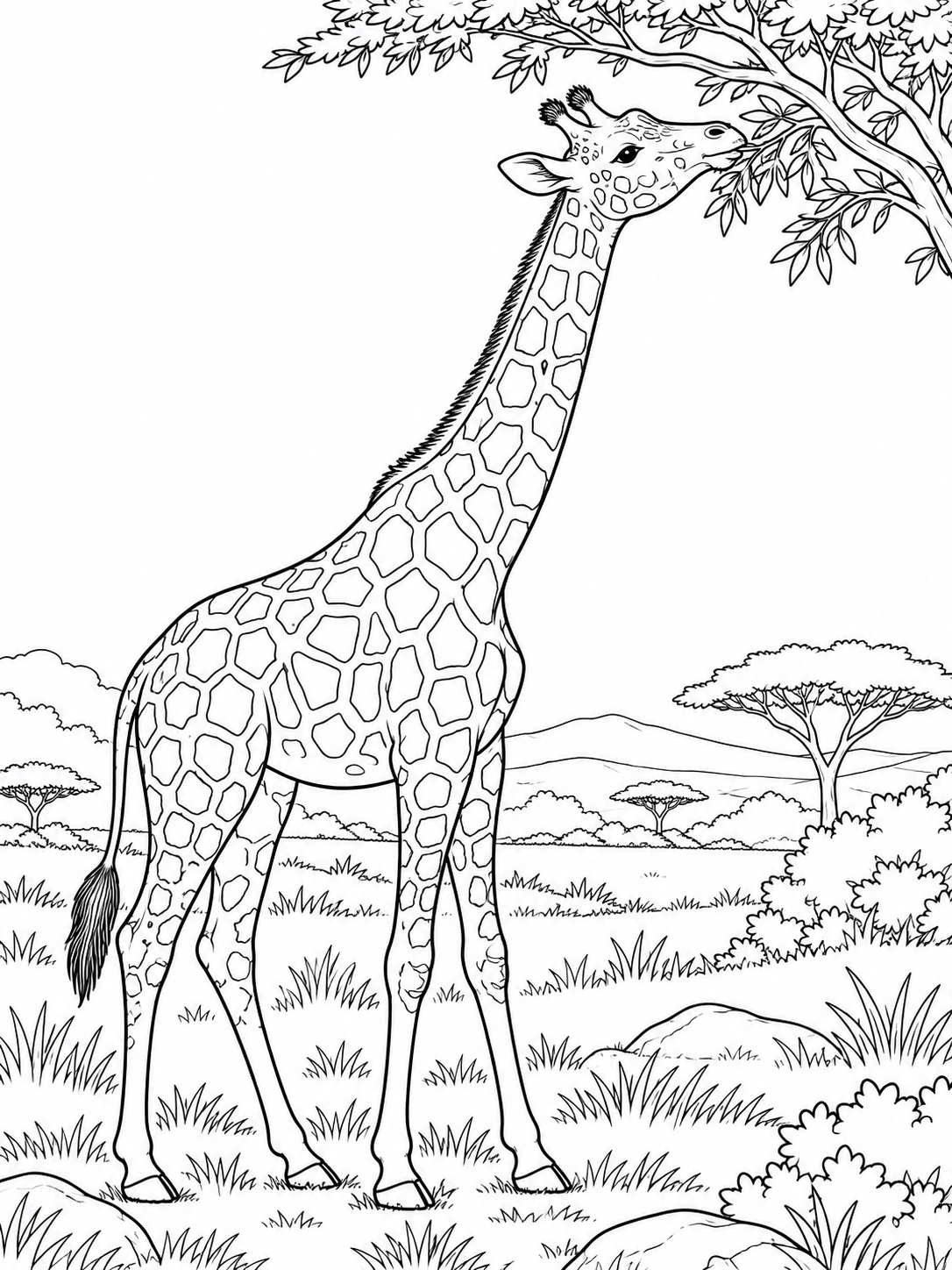 Giraffe medium coloring page - a savanna clearing beside a low acacia branch
