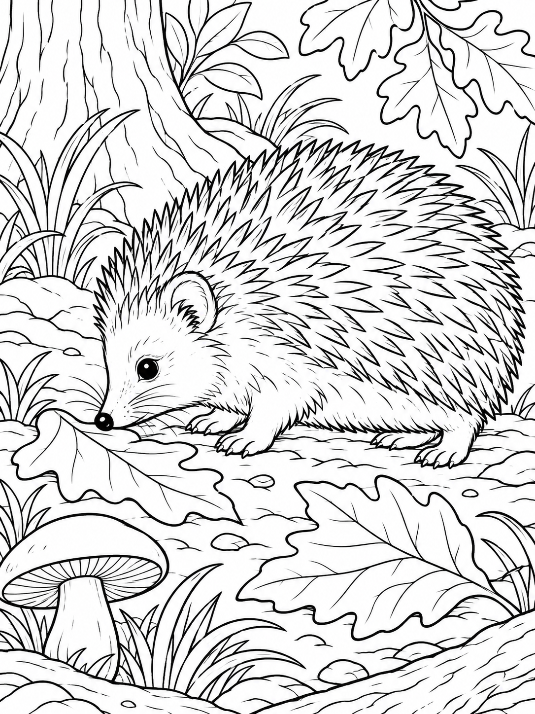 Hedgehog medium coloring page - a woodland floor with two large fallen leaves and a mushroom
