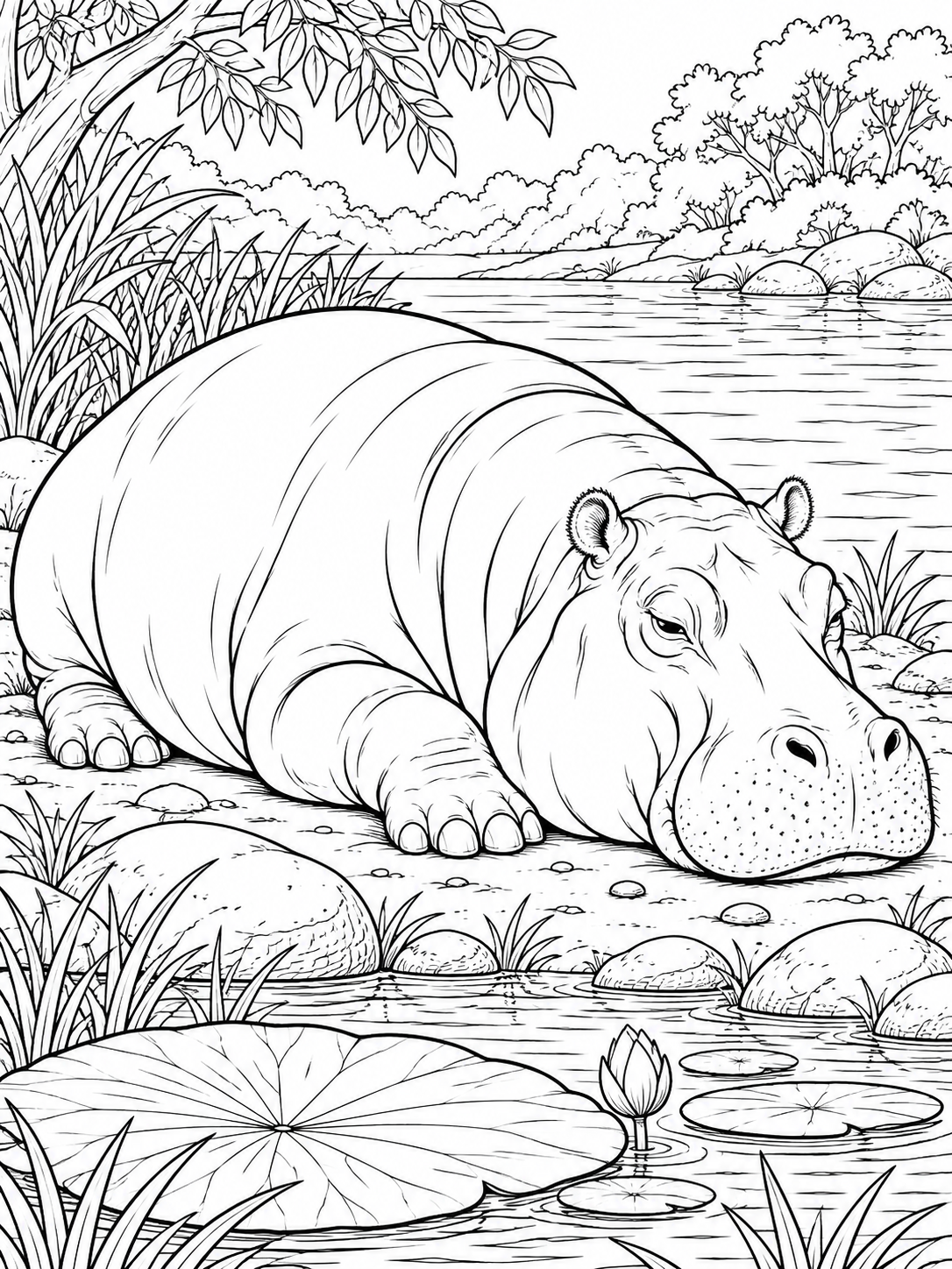 Hippopotamus detailed coloring page - a quiet river edge with a broad lily leaf and several smooth rocks