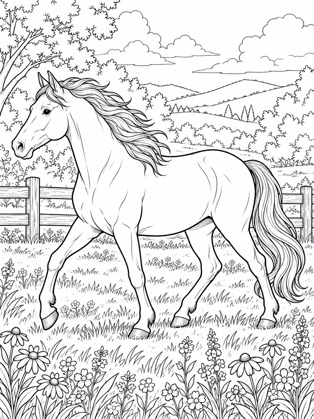 Horse detailed coloring page - a meadow beside a wooden fence, broad wildflowers, and a distant hill