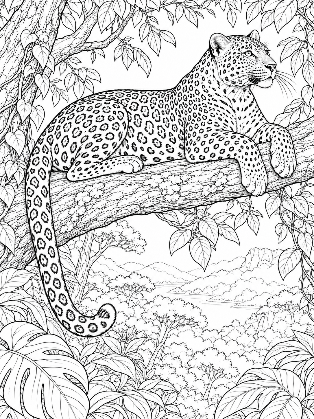 Leopard detailed coloring page - Resting among leafy branches