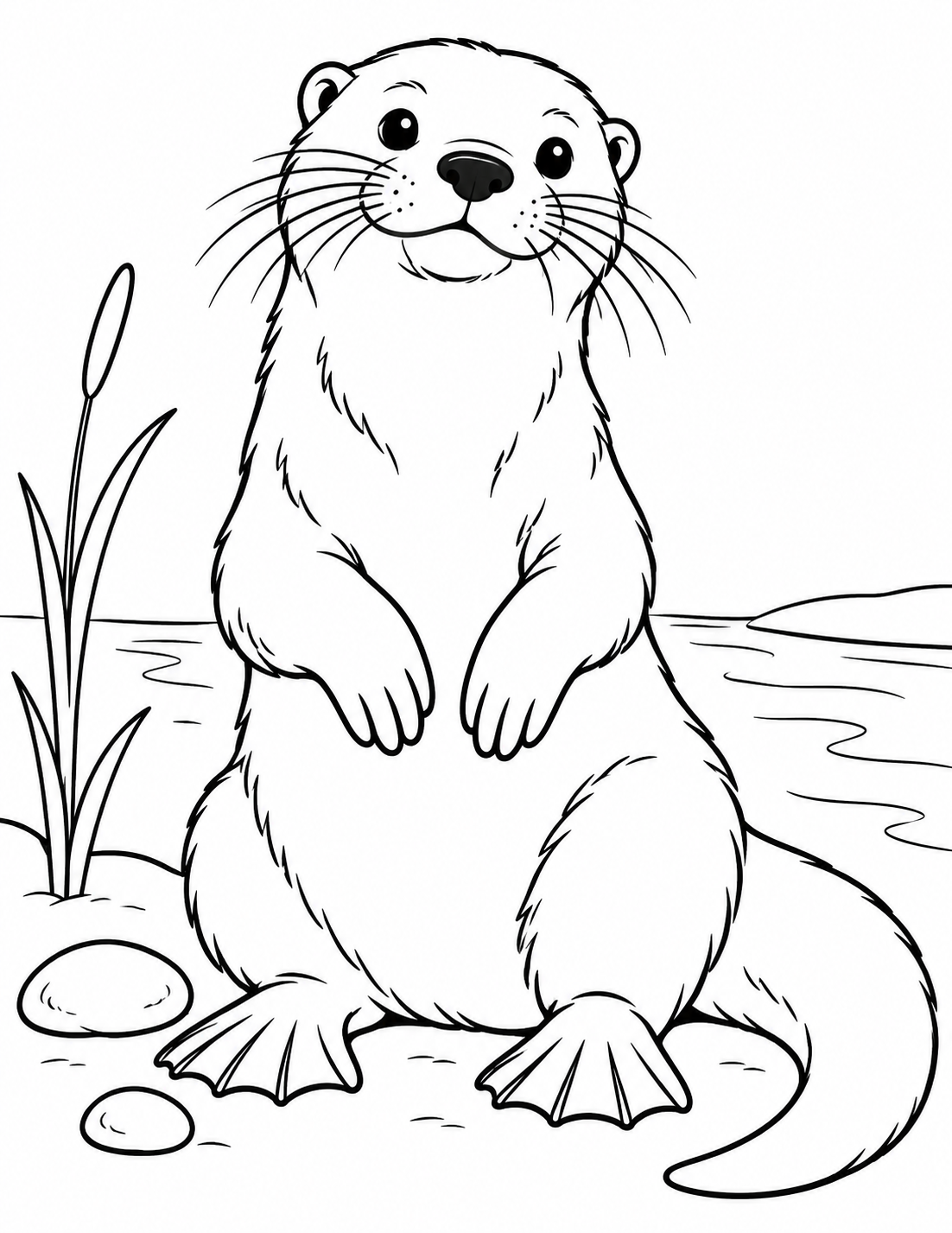 Otter simple coloring page - a quiet riverbank with two smooth pebbles and one reed