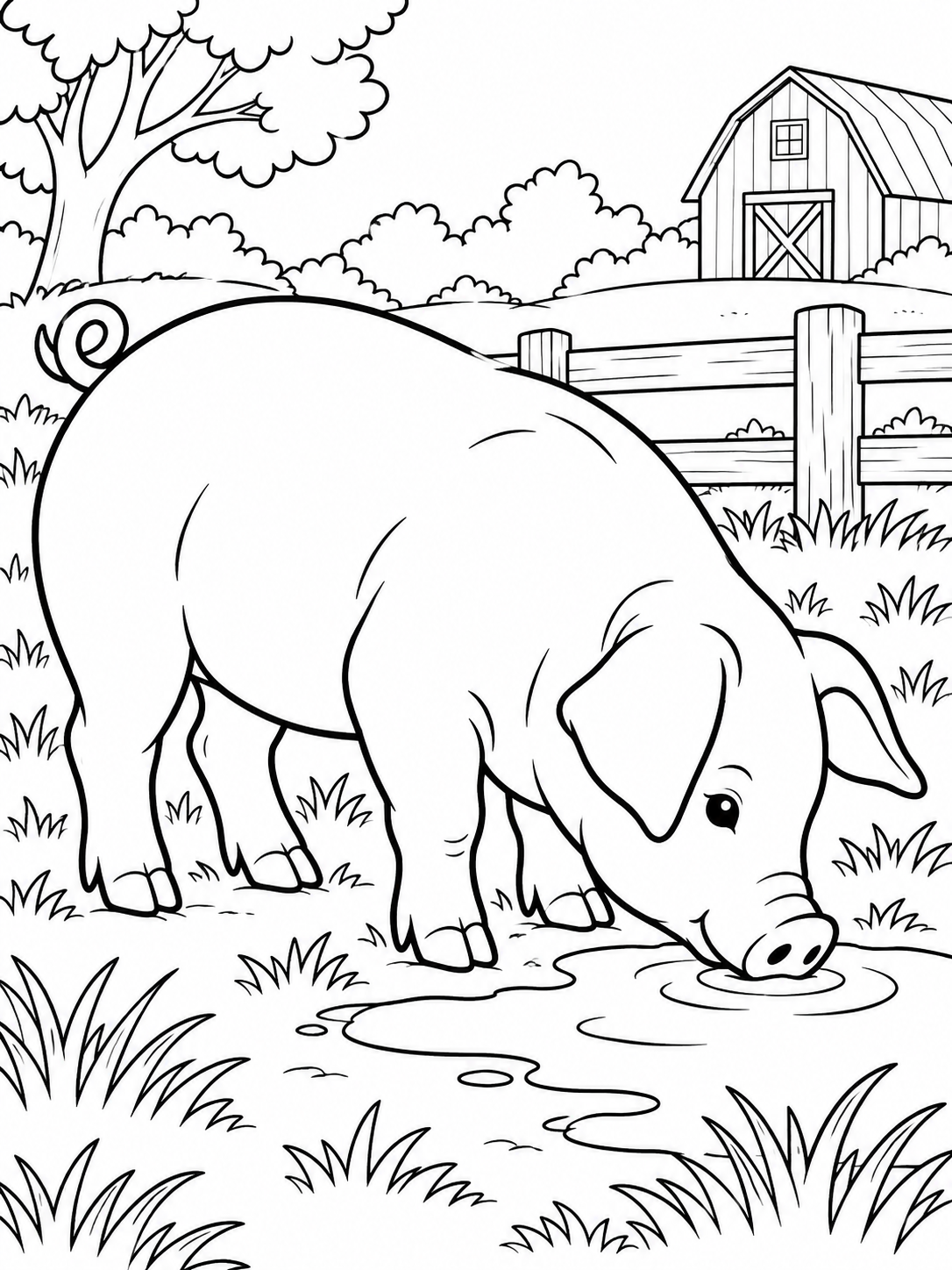 Pig simple coloring page - a grassy farm patch with one small puddle