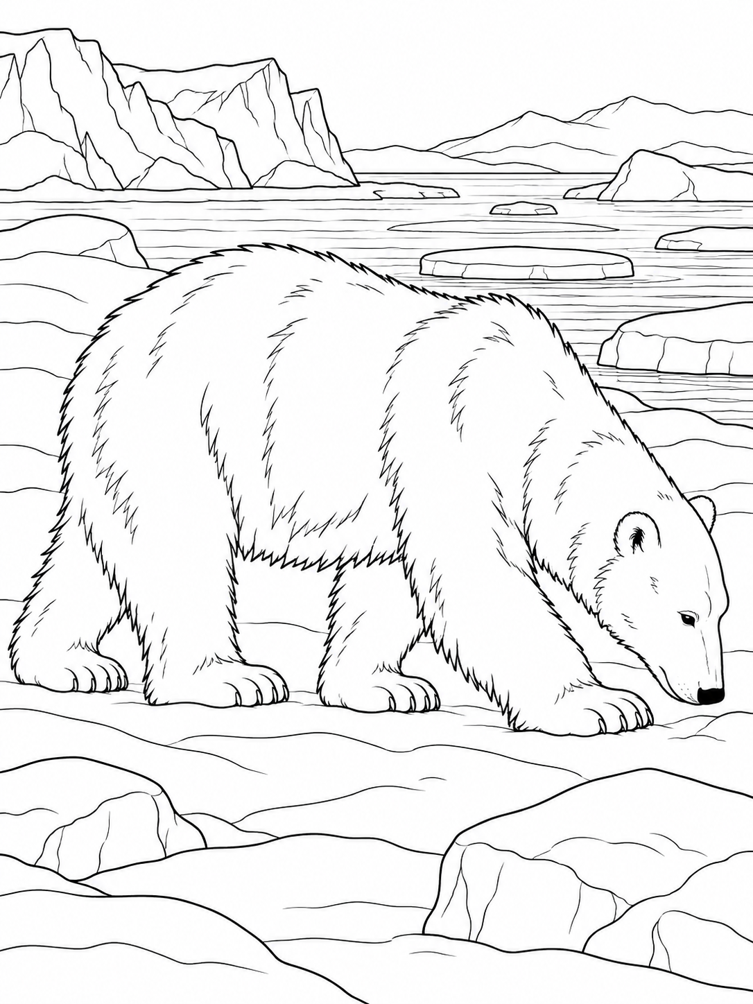 Polar Bear medium coloring page - a snow-covered shoreline with a few rounded ice blocks