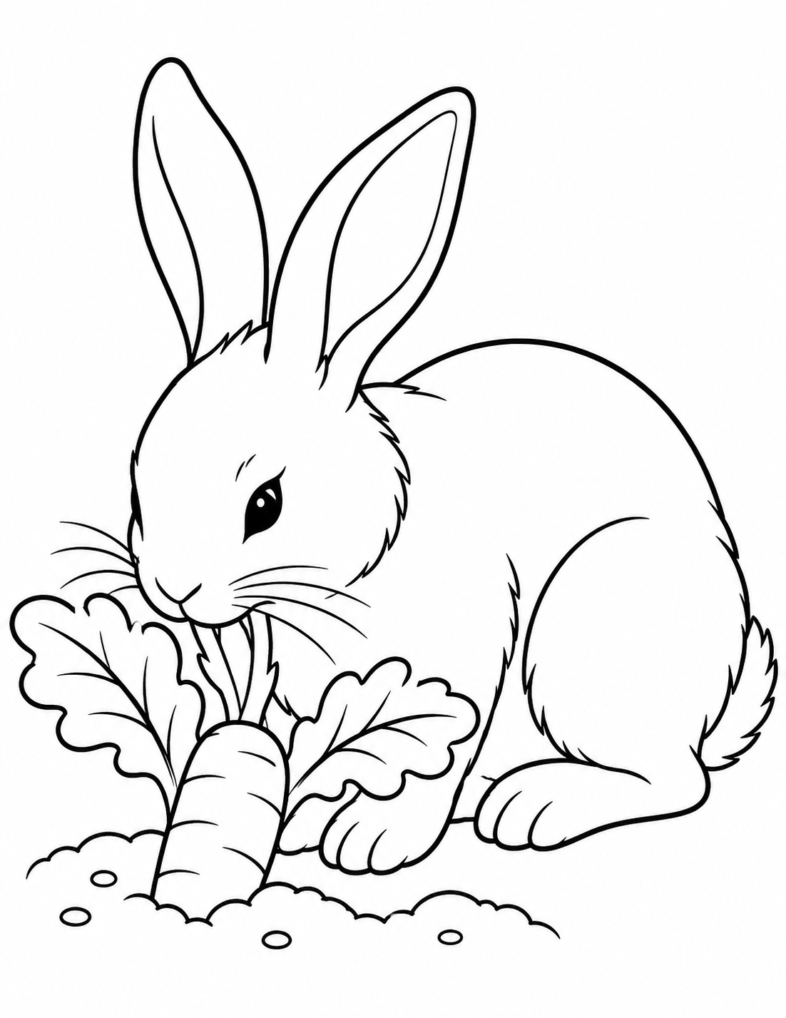 Rabbit simple coloring page - a garden bed with one carrot and two large leaves