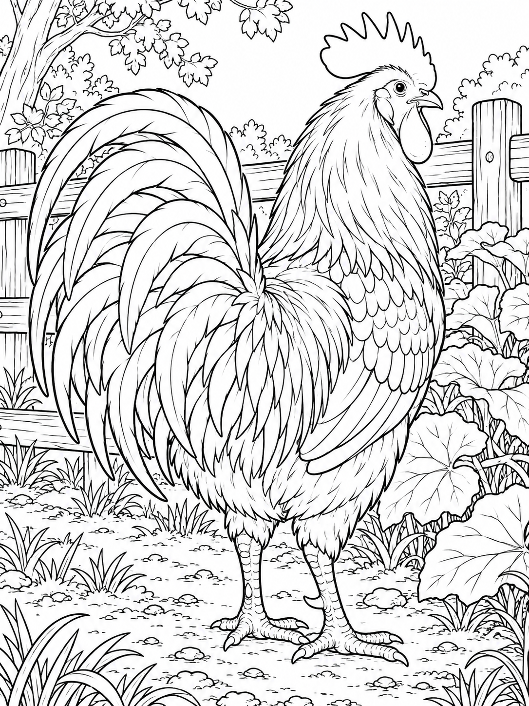 Rooster detailed coloring page - a farmyard beside a low wooden fence and broad garden leaves