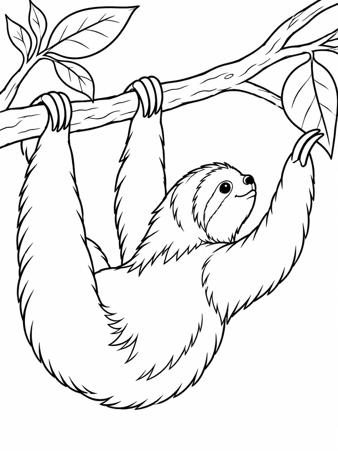 Sloth simple coloring page - a low horizontal tree branch with two large leaves