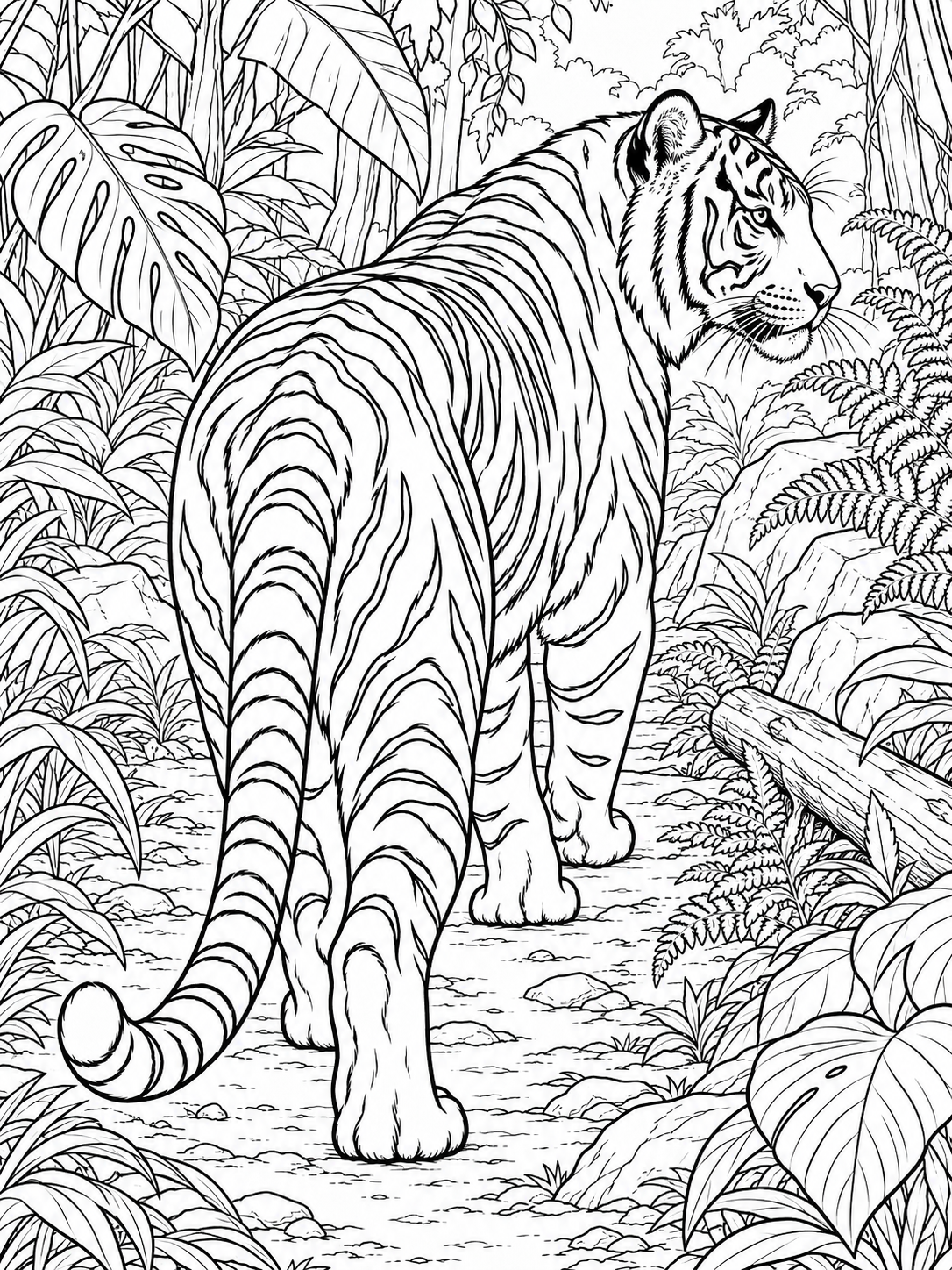 Tiger detailed coloring page - a broad jungle trail with ferns, a fallen branch, and large tropical leaves