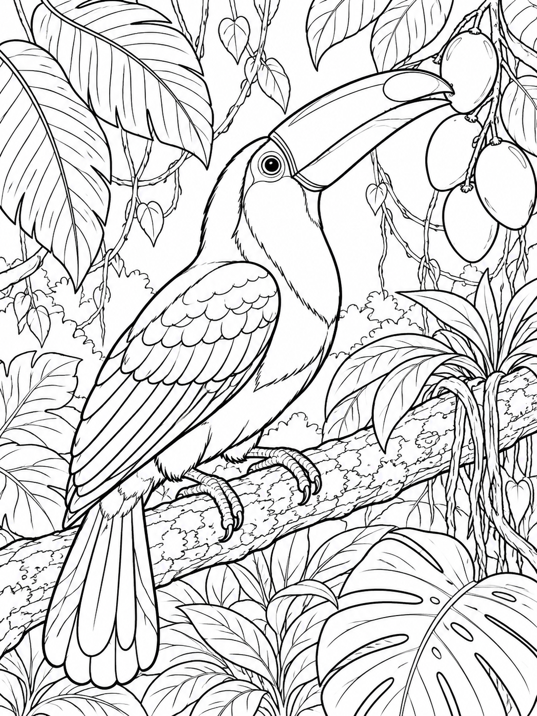 Toucan detailed coloring page - a tropical branch with large leaves, hanging fruit, and a few distant vine contours